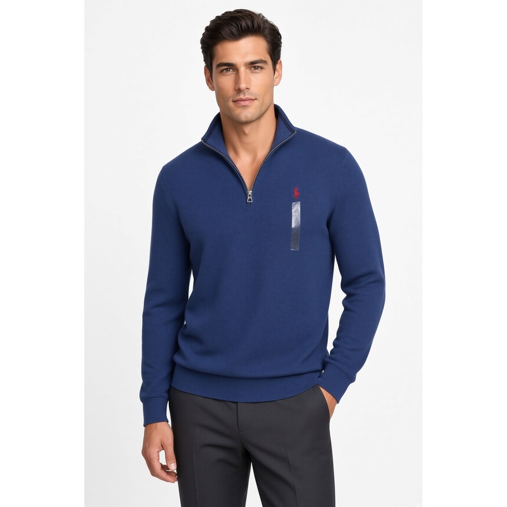 Polo Ralph Lauren Mens Waffle Knit 1/4 Zip Sweater Navy Blue Red Sz M Small Pony